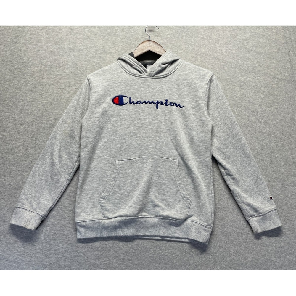 Champion Hoodie Boys Large (14/16) Heather Gray Fleece Embroidered Logo Athletic